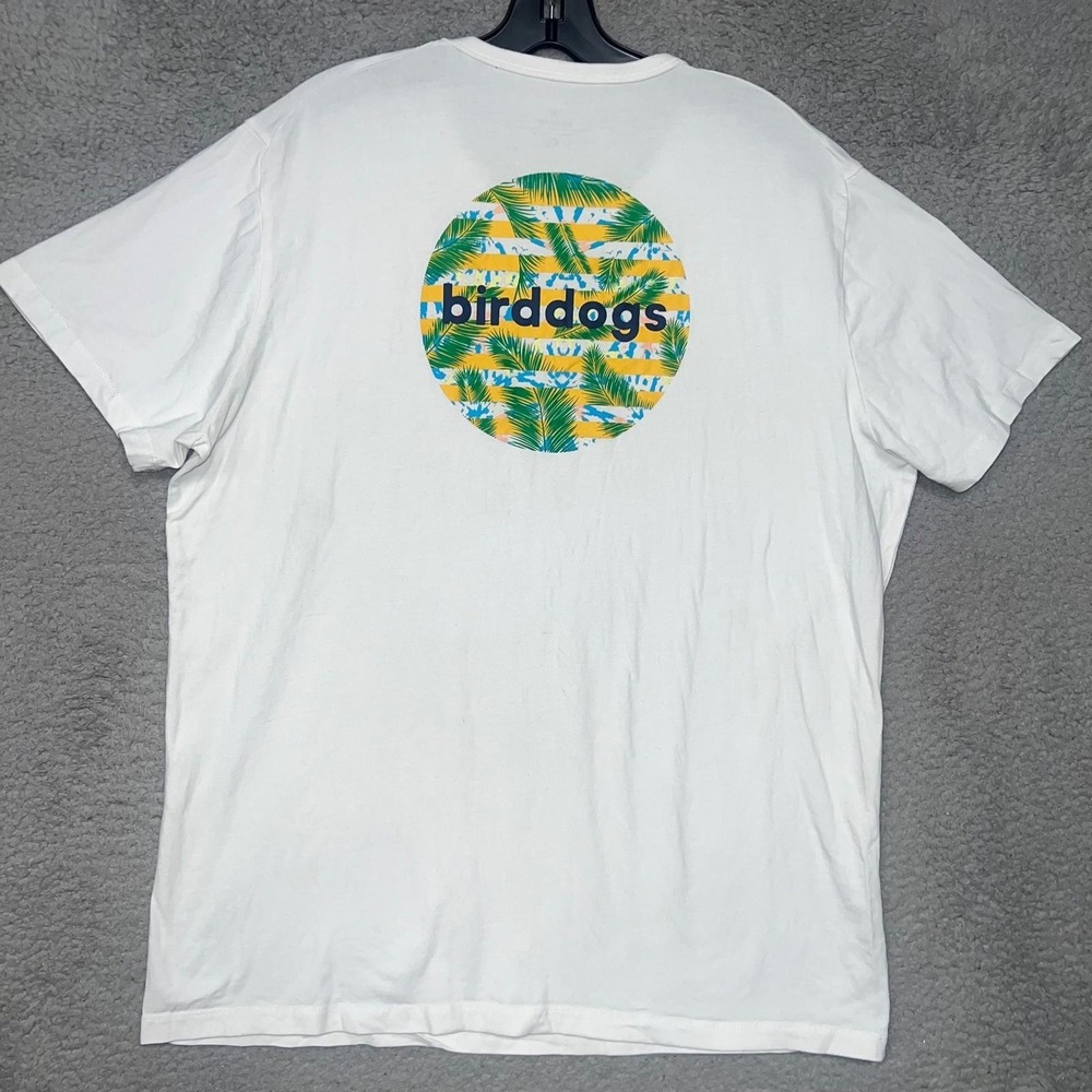 Birddogs T Shirt Men's Size XL White Yellow Palm Leaf Hummingbird 2-Sided Tee
